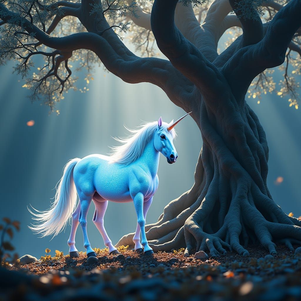 Crystal Unicorn in Enchanted Forest, Digital Art