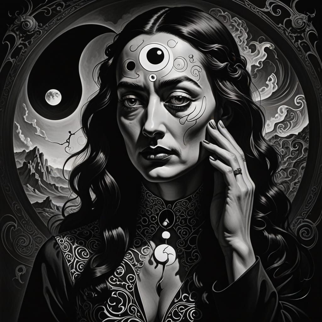 Gothic Surrealist Woman in Prayer, Abstract Psychedelia in B...