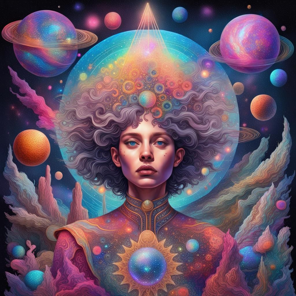 Holographic Cosmic Astral Illustration in Mixed Media