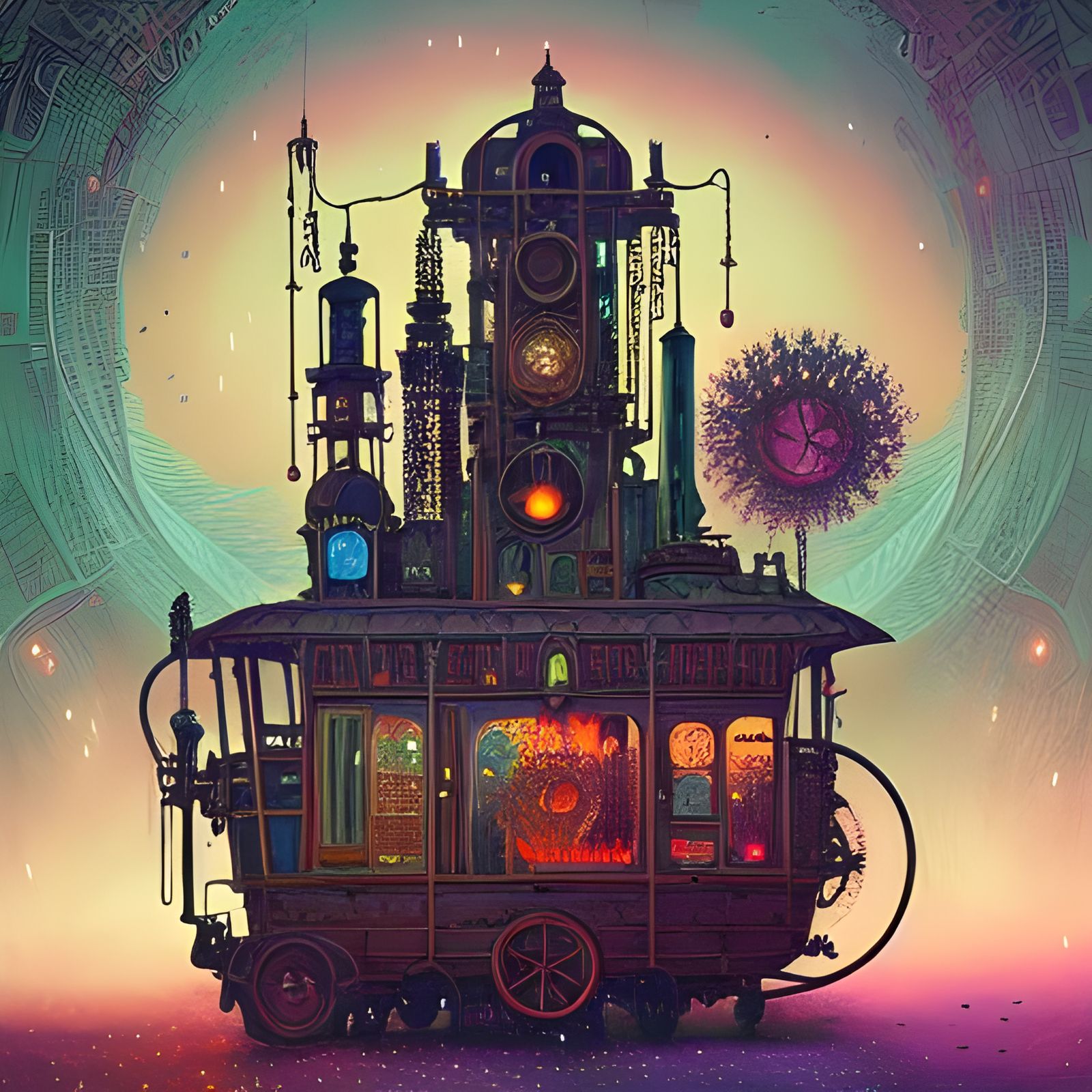 Vaporwave steampunk darkages Gypsy caravan