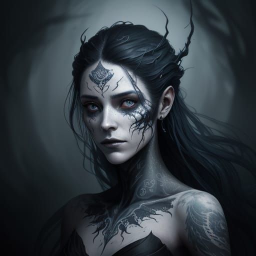 Ethereal Banshee Concept Art with Swirling Tattoos