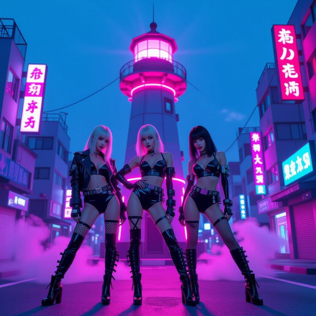 Kpop Racer Girls in Cyberpunk Tokyo Anime Style