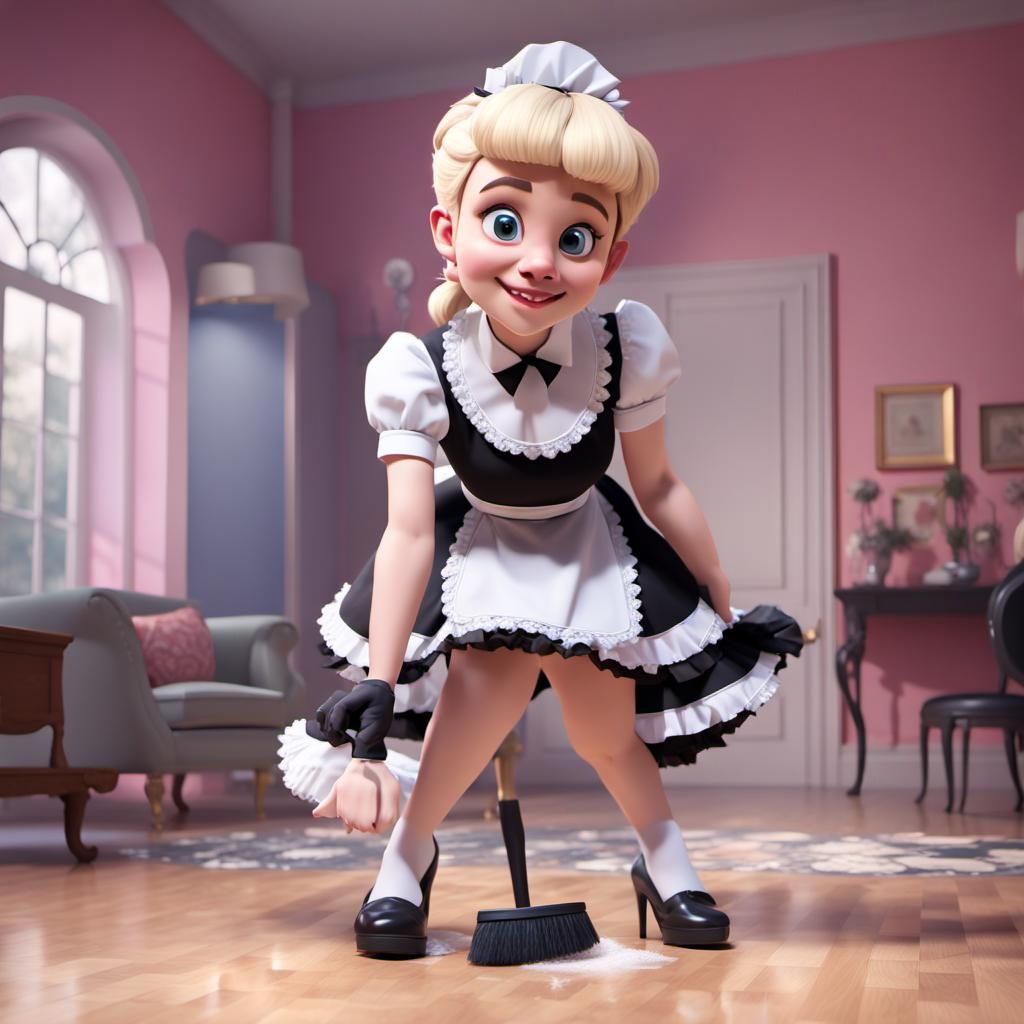 Blond Man in Maid Costume Cleaning: 3D Digital Art