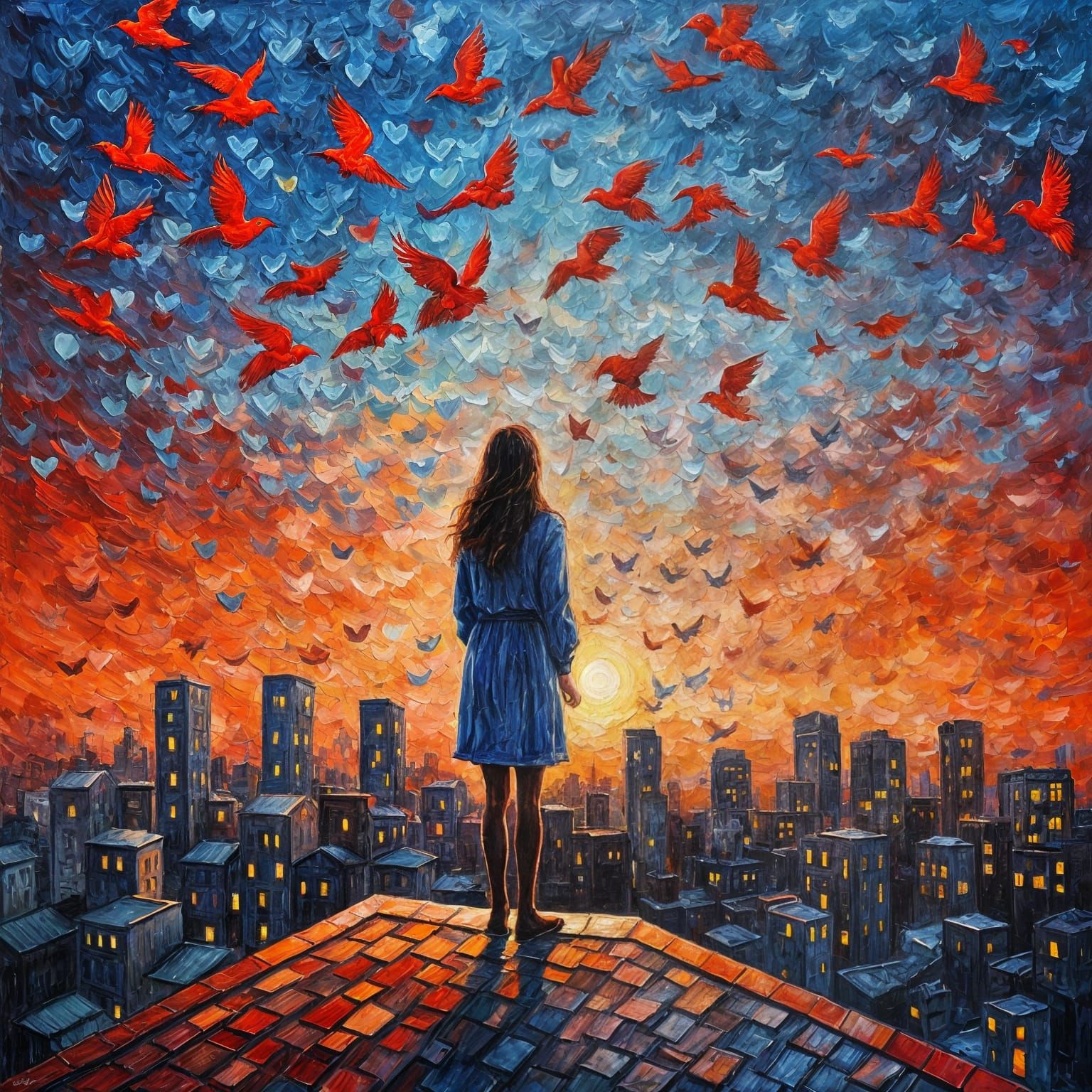 Rooftop Revelation: Heart and Birds in Twilight