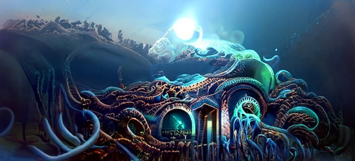 Bioluminescent Octopus in Alchemic Lab, Neon Illustration