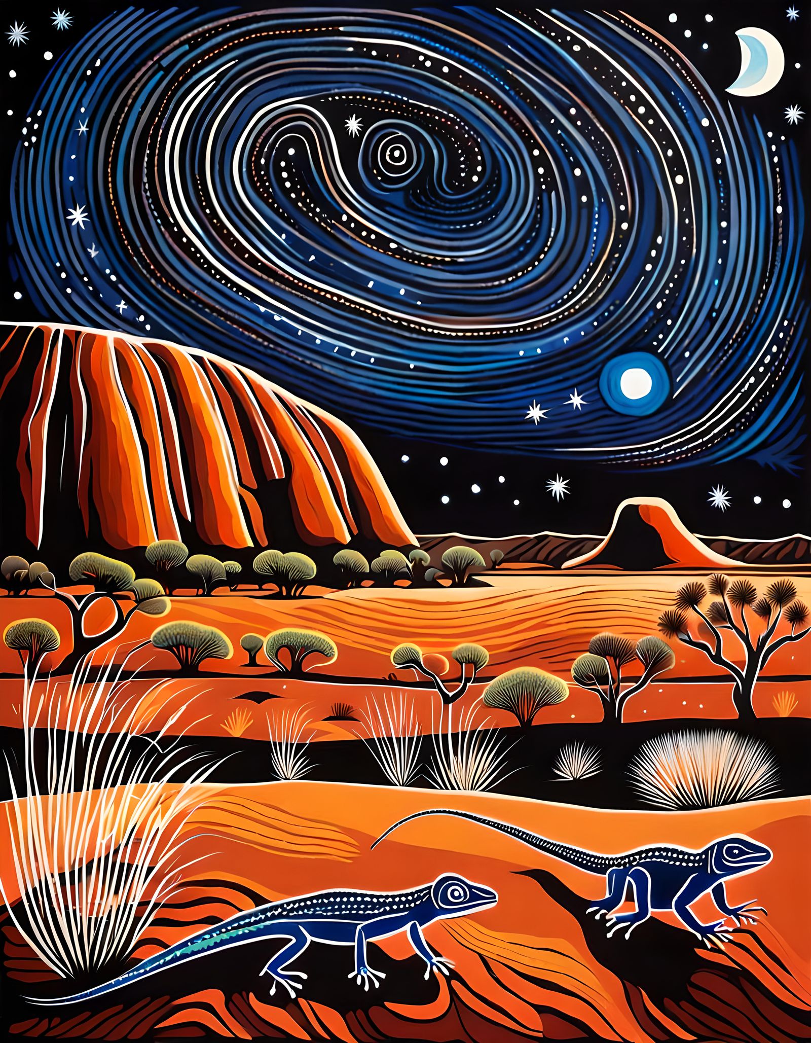 Uluru Aboriginal Art with Lizards Under Night Sky