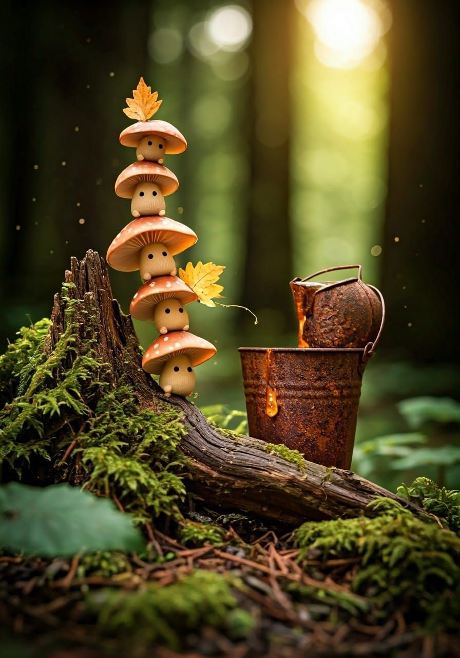 Enchanted Forest Creatures Reach for Rusty Maple Syrup Bucke...