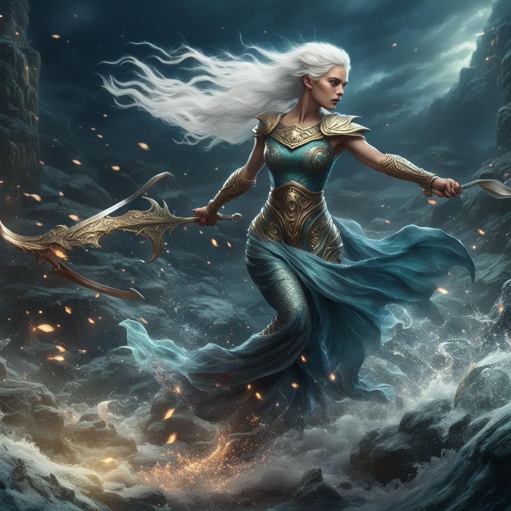 Silver-Haired Mermaid Goddess in Battle