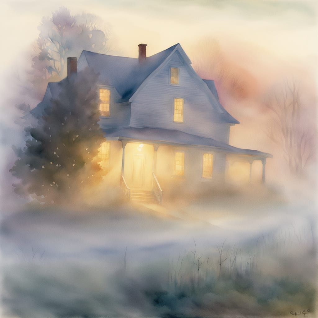 Dreamy Watercolor House in Fog with Glowing Lights