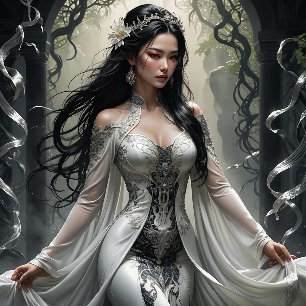 Menacingly Beautiful Female Cultivator in High Fantasy Style