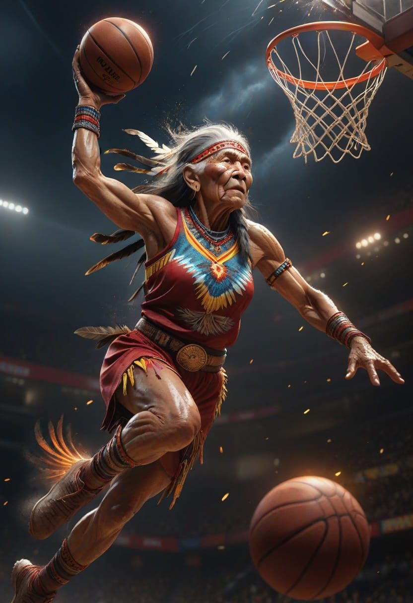 Native American Woman's Epic Slam Dunk: Oil Painting