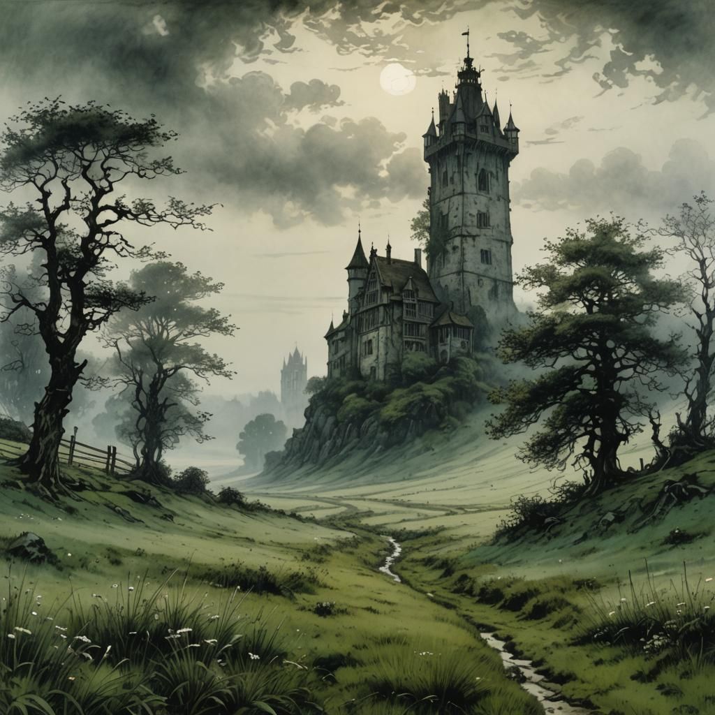 Eerie Tower in Fog, Arthur Rackham Style
