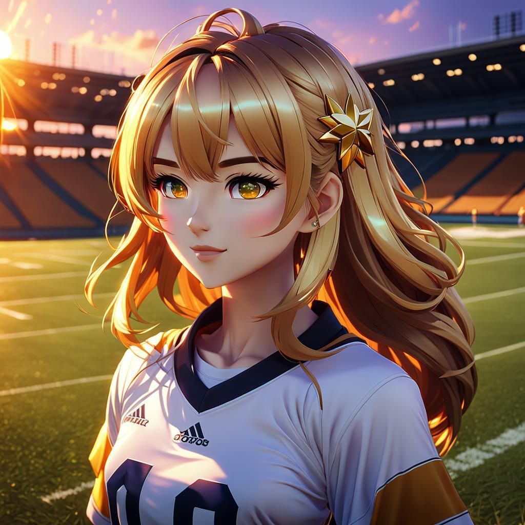 Anime Girl in Football Field at Sunset