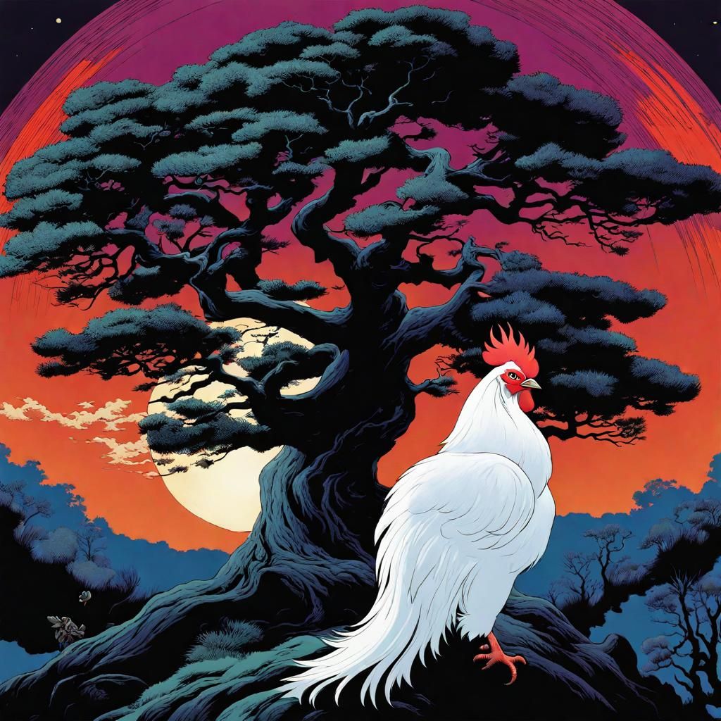 Haunted Tree with Engineer and Chicken in Ukiyo-e Style