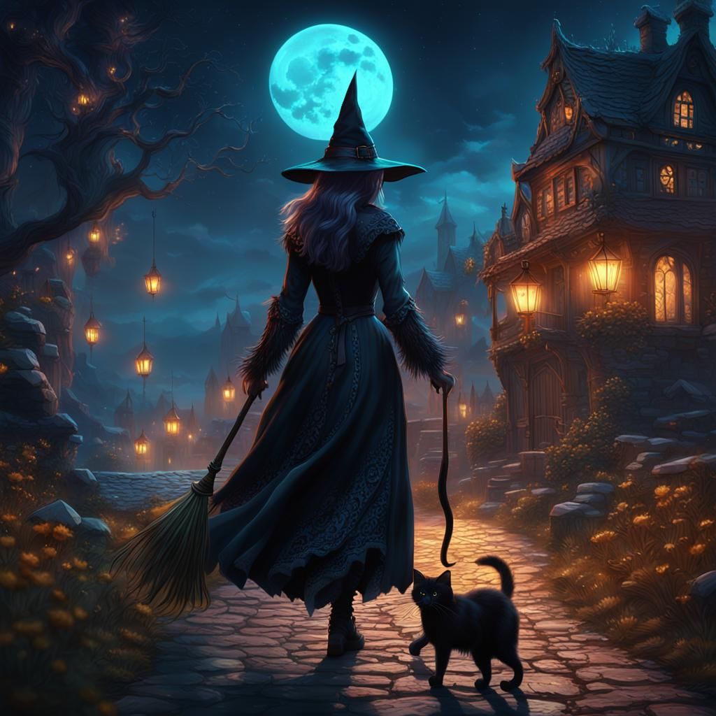 Witch and Cat by Night: Fantasy Concept Art
