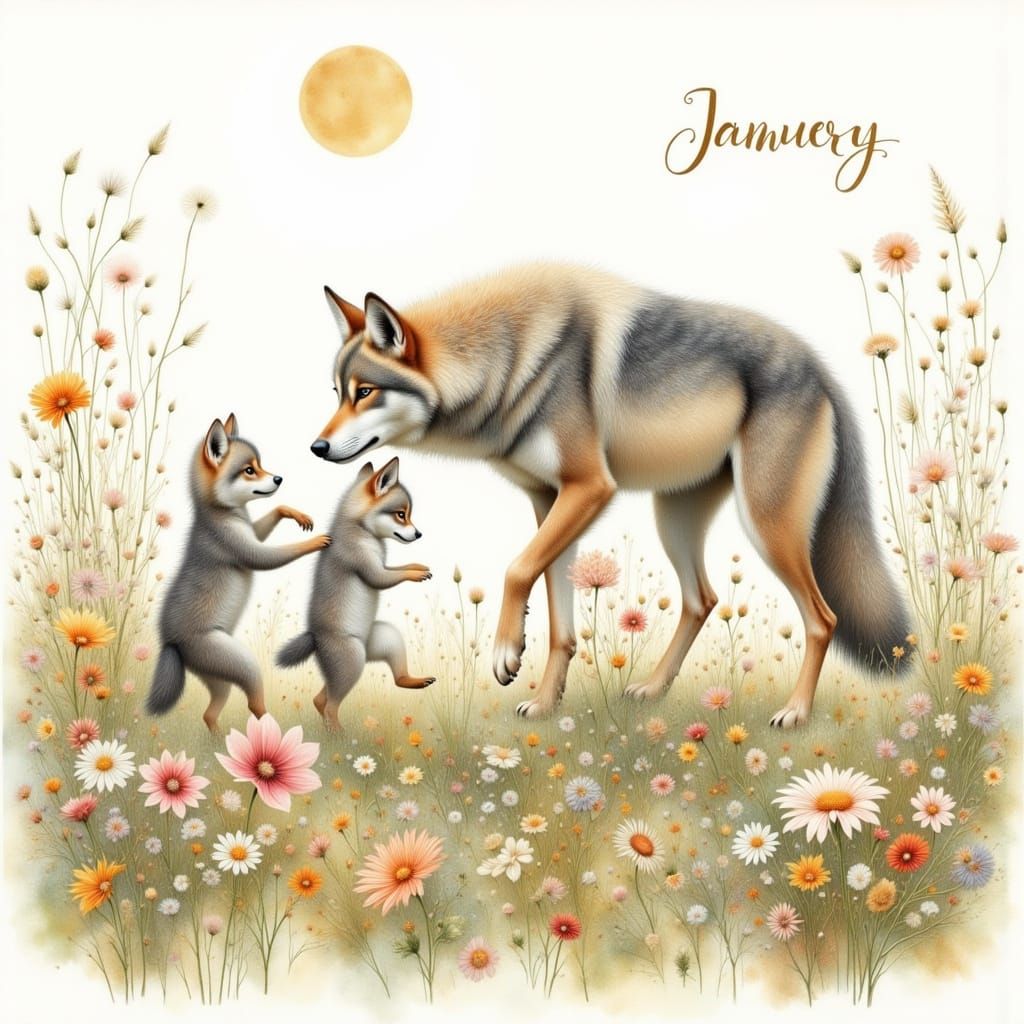 She Wolf and Cubs in Wildflower Field