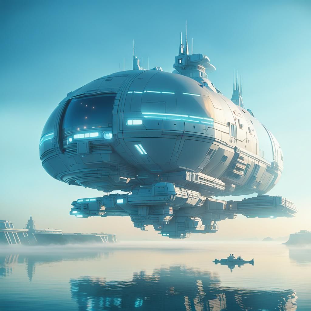 Futuristic Space Station Floating Above Misty Ocean