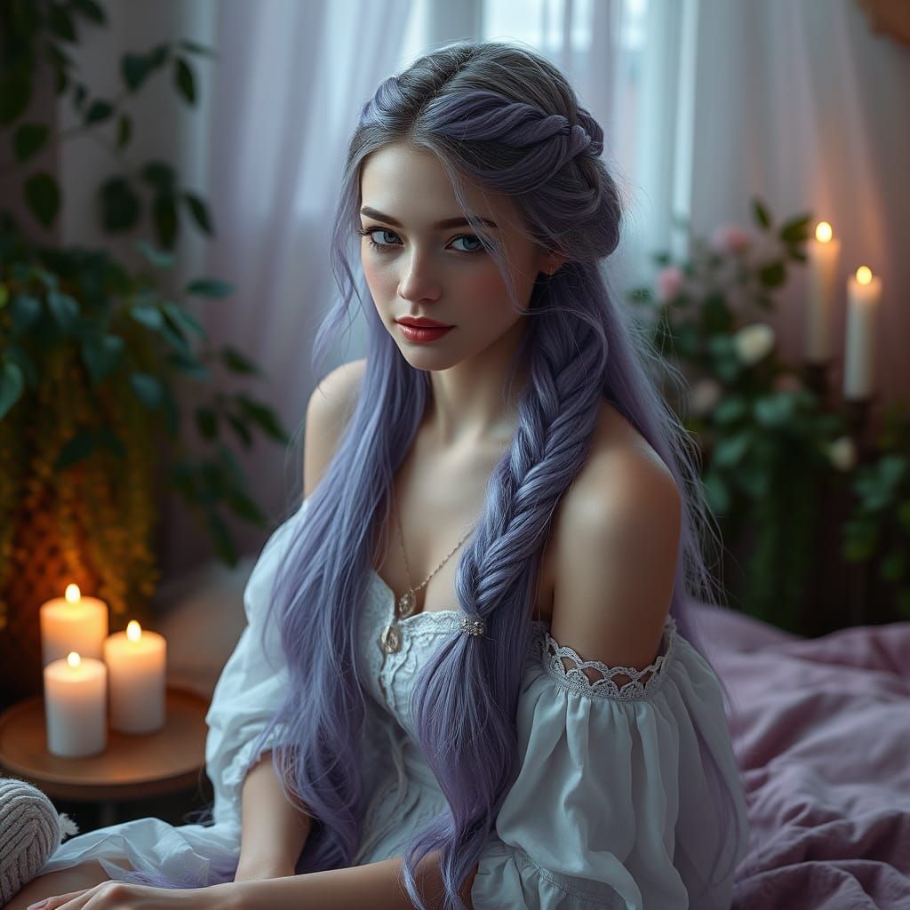 Dreamlike Woman Braiding Lavender Hair, Fantasy Concept Art