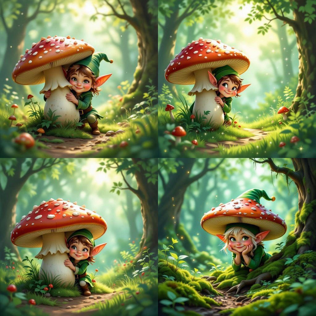 Mischievous Elf Peeking from Giant Mushroom in Enchanted For...