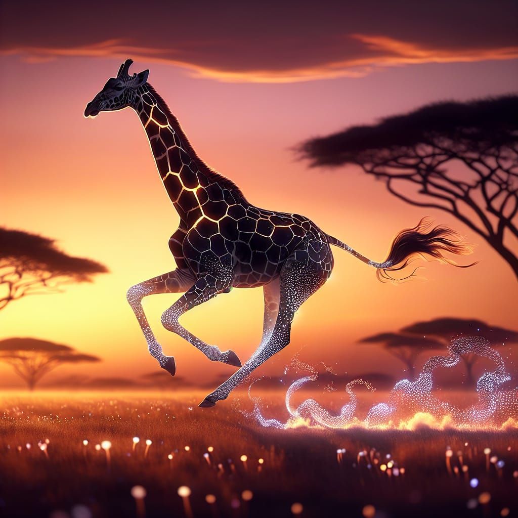 Surreal Giraffe Gallops Across Golden Savannah