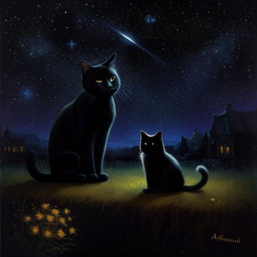 Whimsical Starry Night with a Curious Black Cat