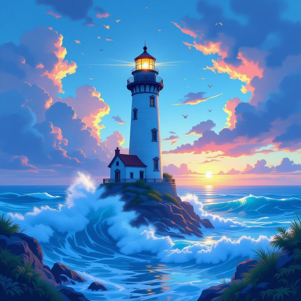 Dreamlike Lighthouse Amidst Vibrant Ocean Dreamscape