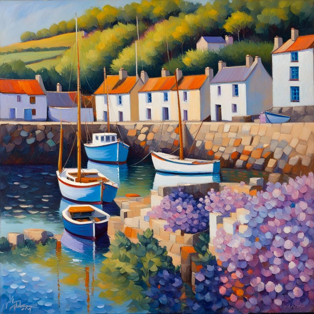 Brittany Fishing Port in Neo-Impressionist Oil Painting