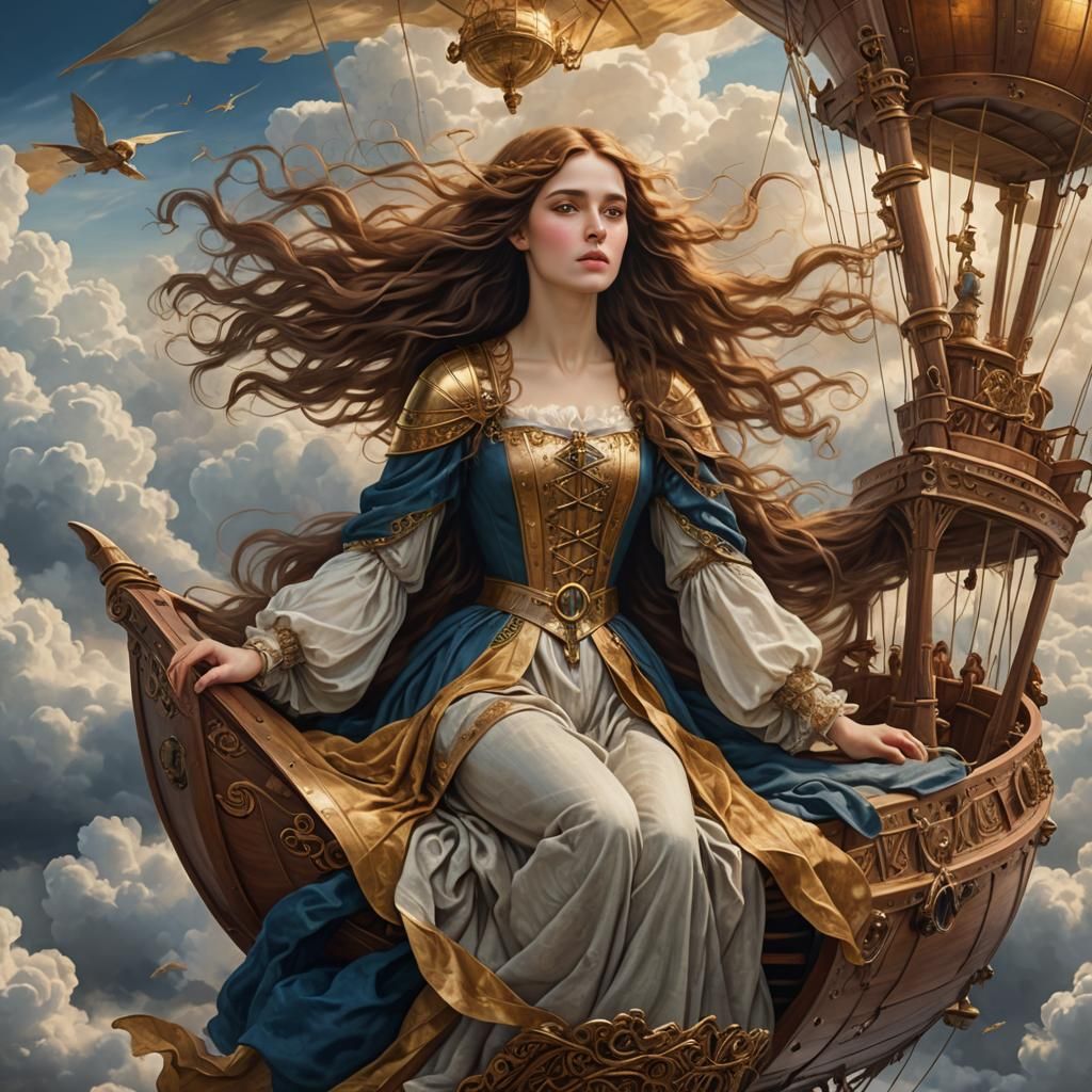 Medieval Woman in Airship, a Pre-Raphaelite Vision