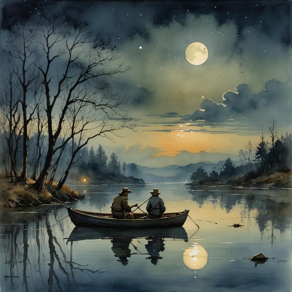 Moonlit Lake: Man Fishing in Watercolor Style