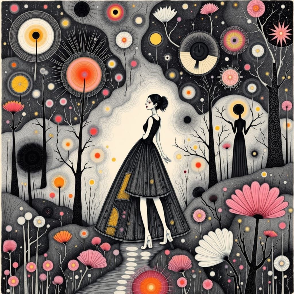 Abstract Figure Meets Retro Garden in Luminist Style