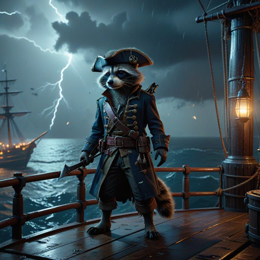 Raccoon Pirate Captain on Stormy Seas: Cinematic Film Still