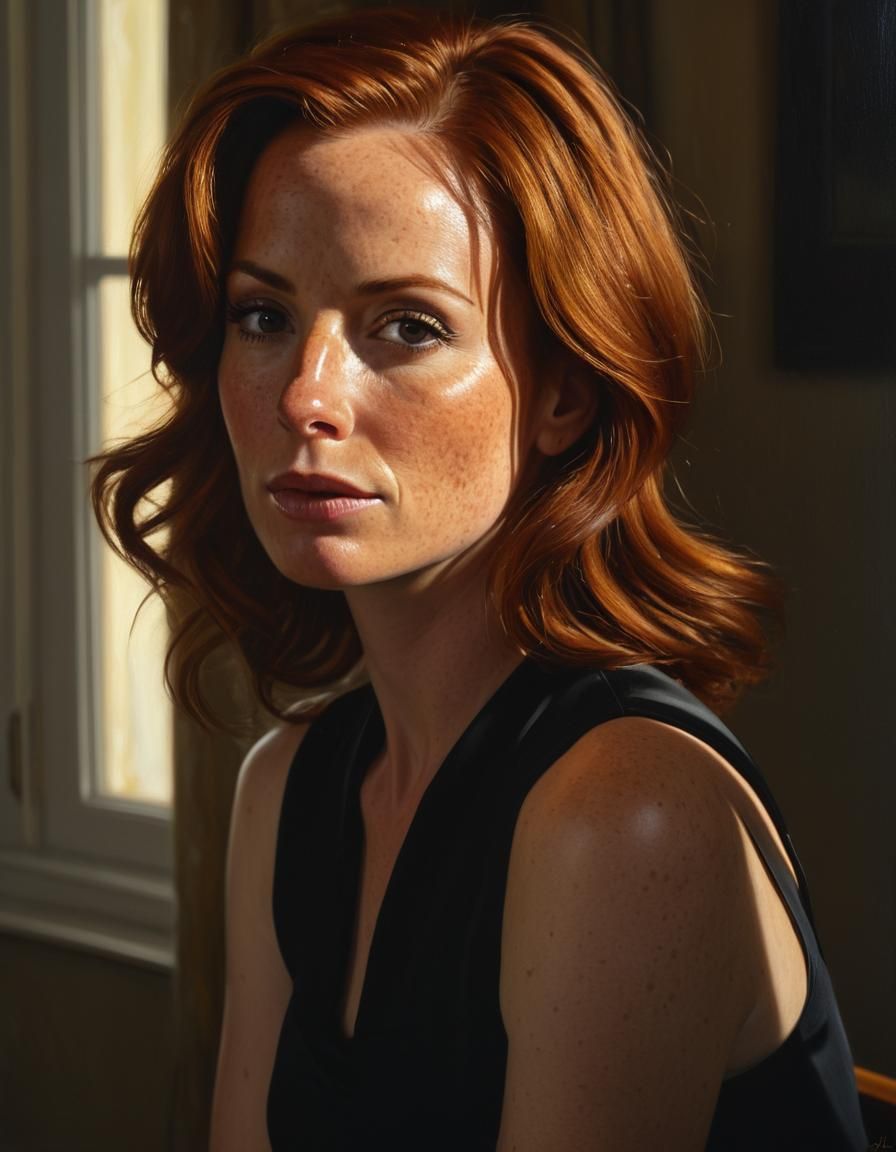 Auburn-Haired Woman Portrait in Oil, Atmospheric Lighting