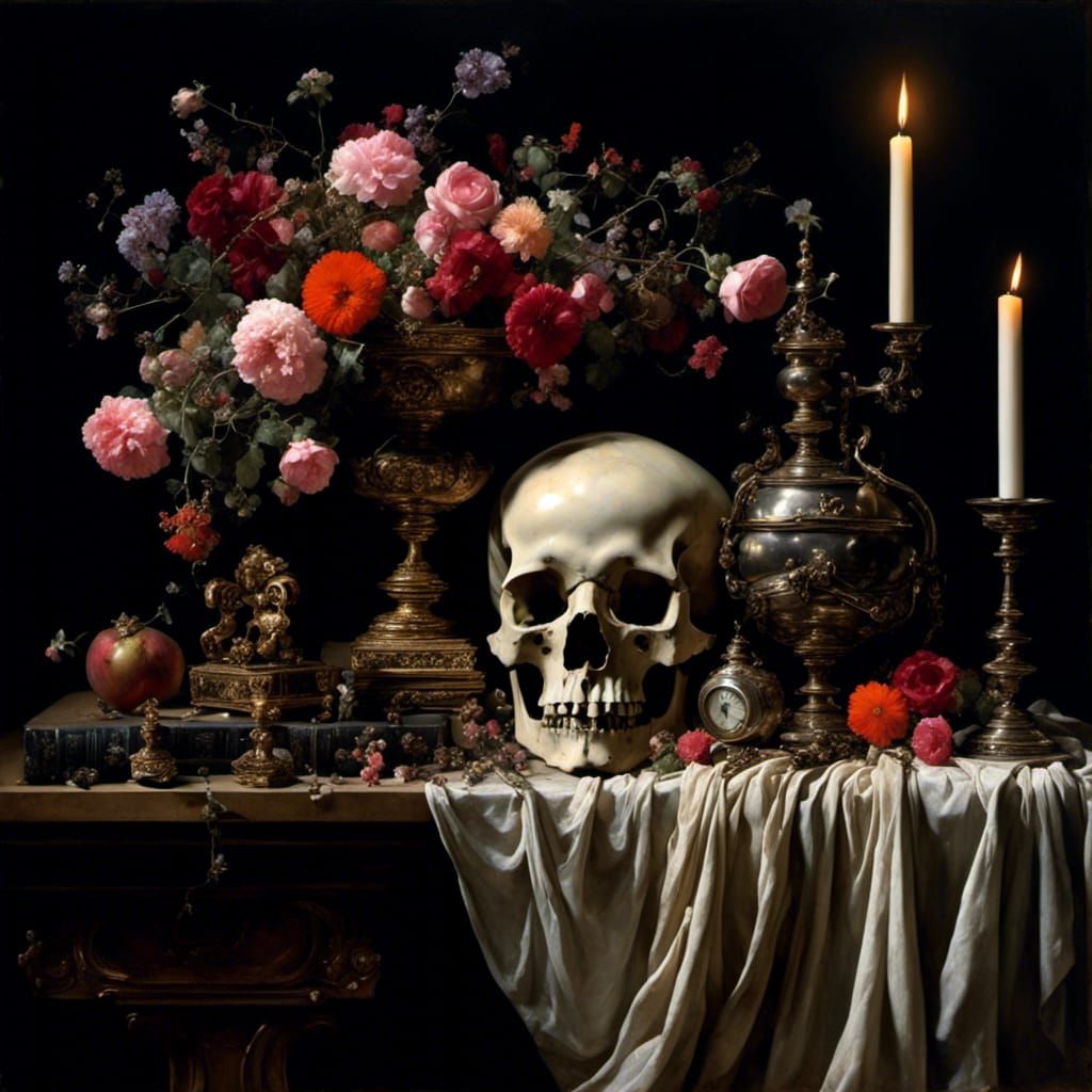 Vanitas Still Life with Skull in Oil Painting Style