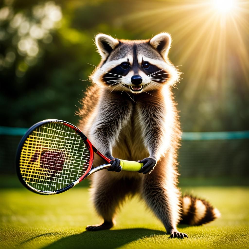 Raccoon Plays Tennis in Divine Sunshine