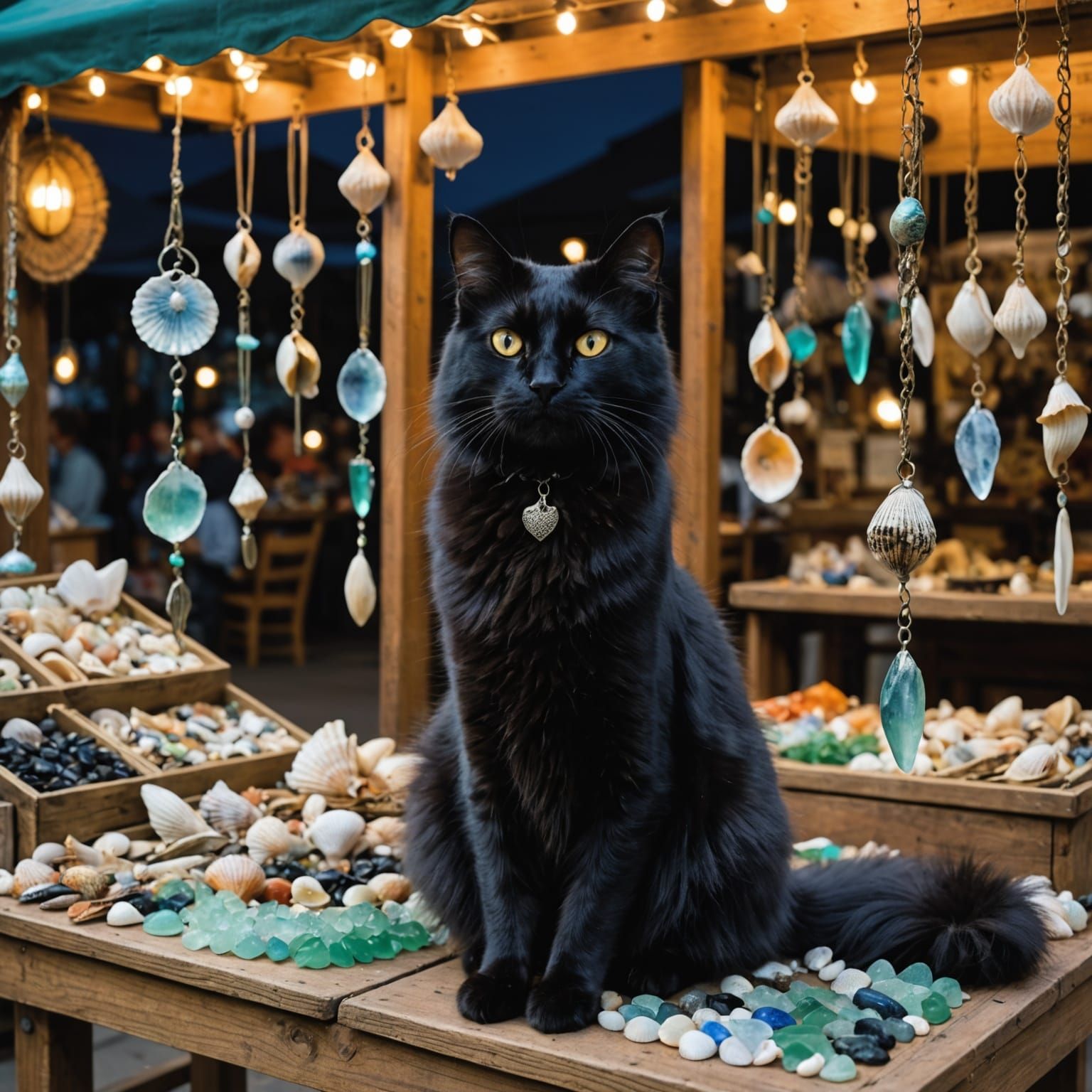 Midnight Market Cat Enjoys Seashell Wind Chimes