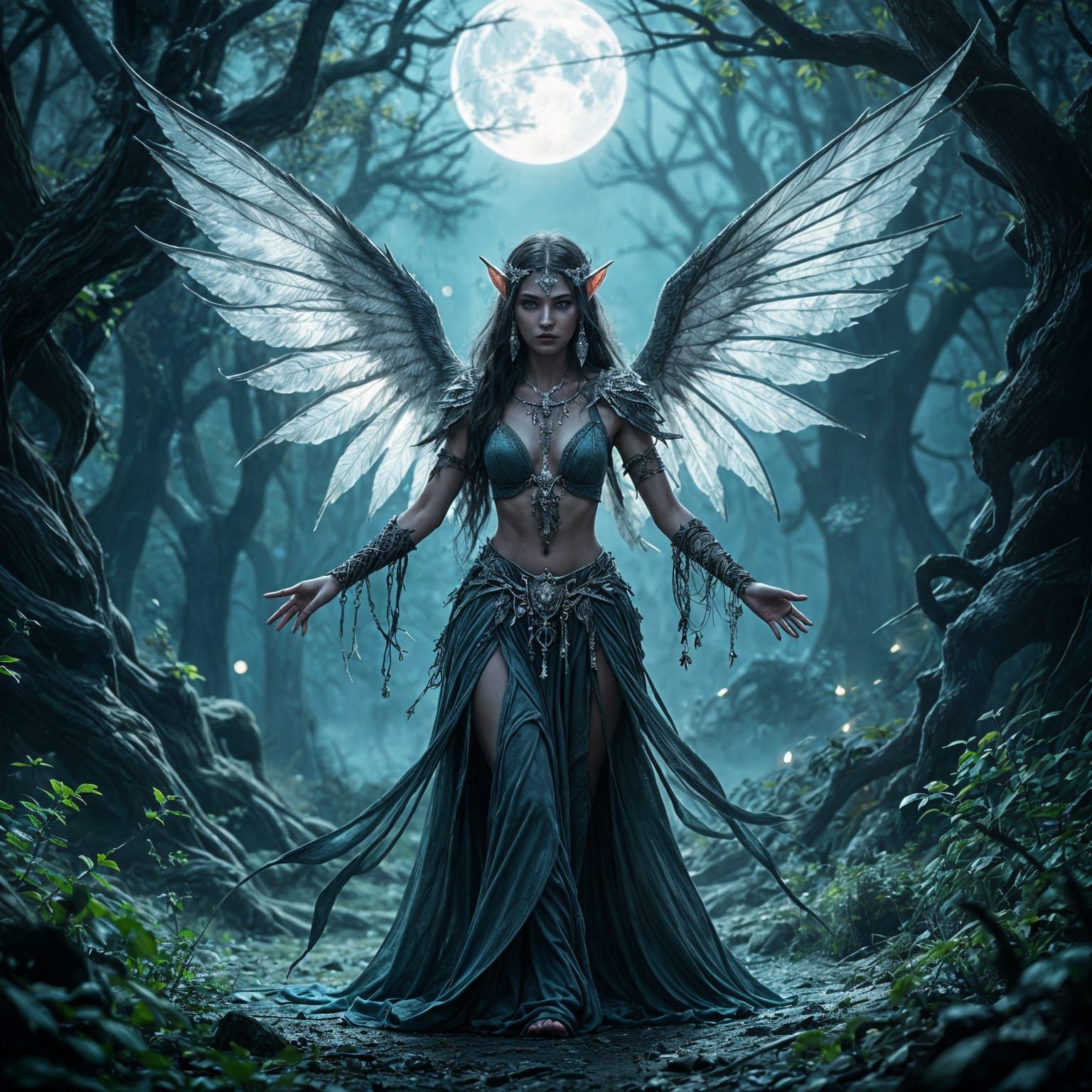Gothic Elf Dancer Ritual in Moonlit Forest