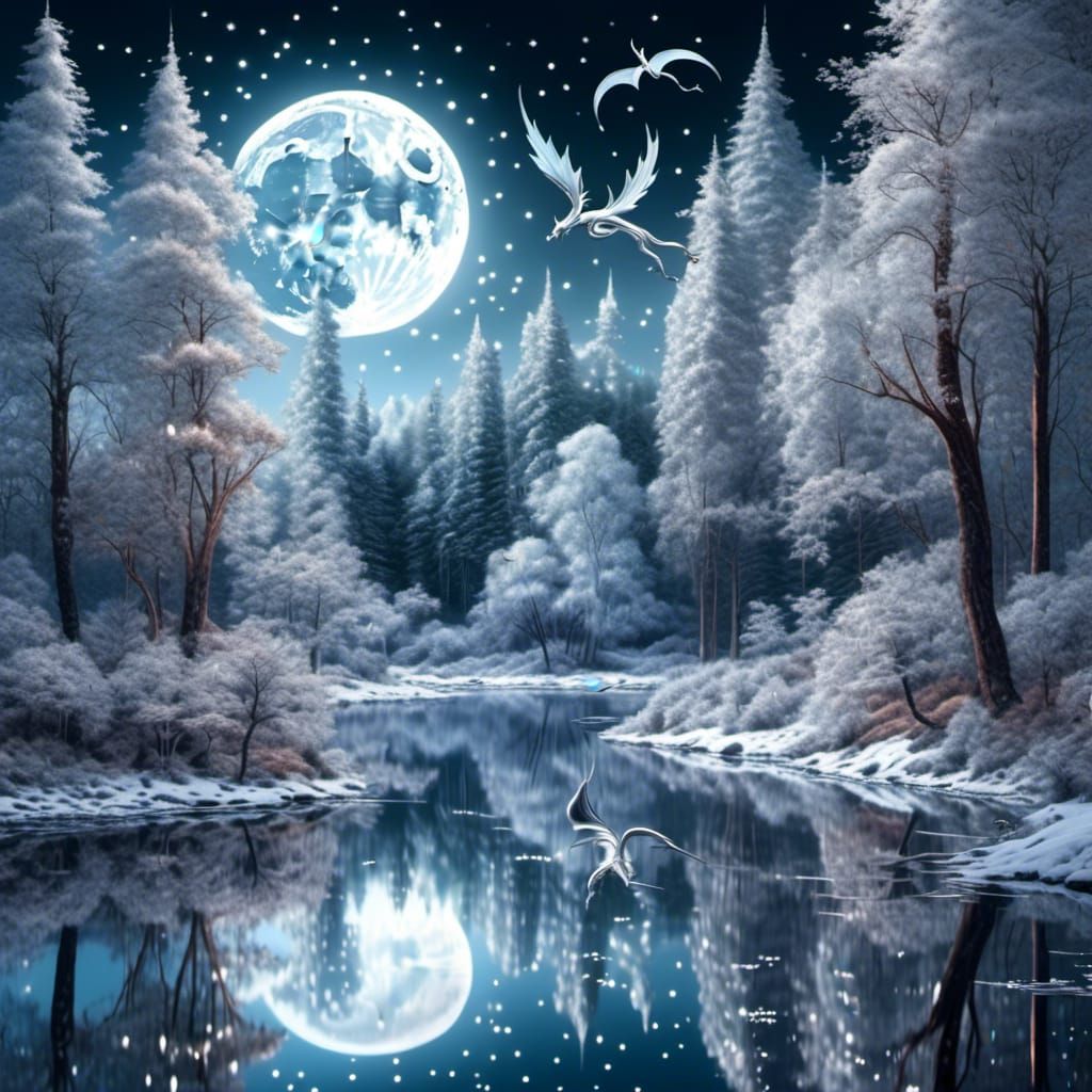 Winter Forest Landscape with Silver Dragon