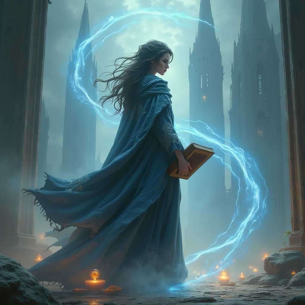 Ethereal Sorceress Amidst Ancient Ruins
