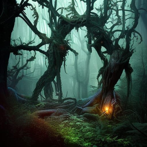 Terrifying Cadejo in Dark Forest: Detailed Polychromatic Art