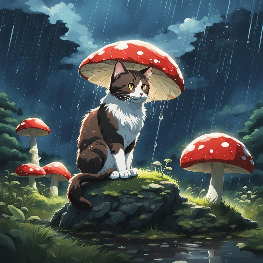 Cat on Mushroom: Studio Ghibli Anime Key Visual