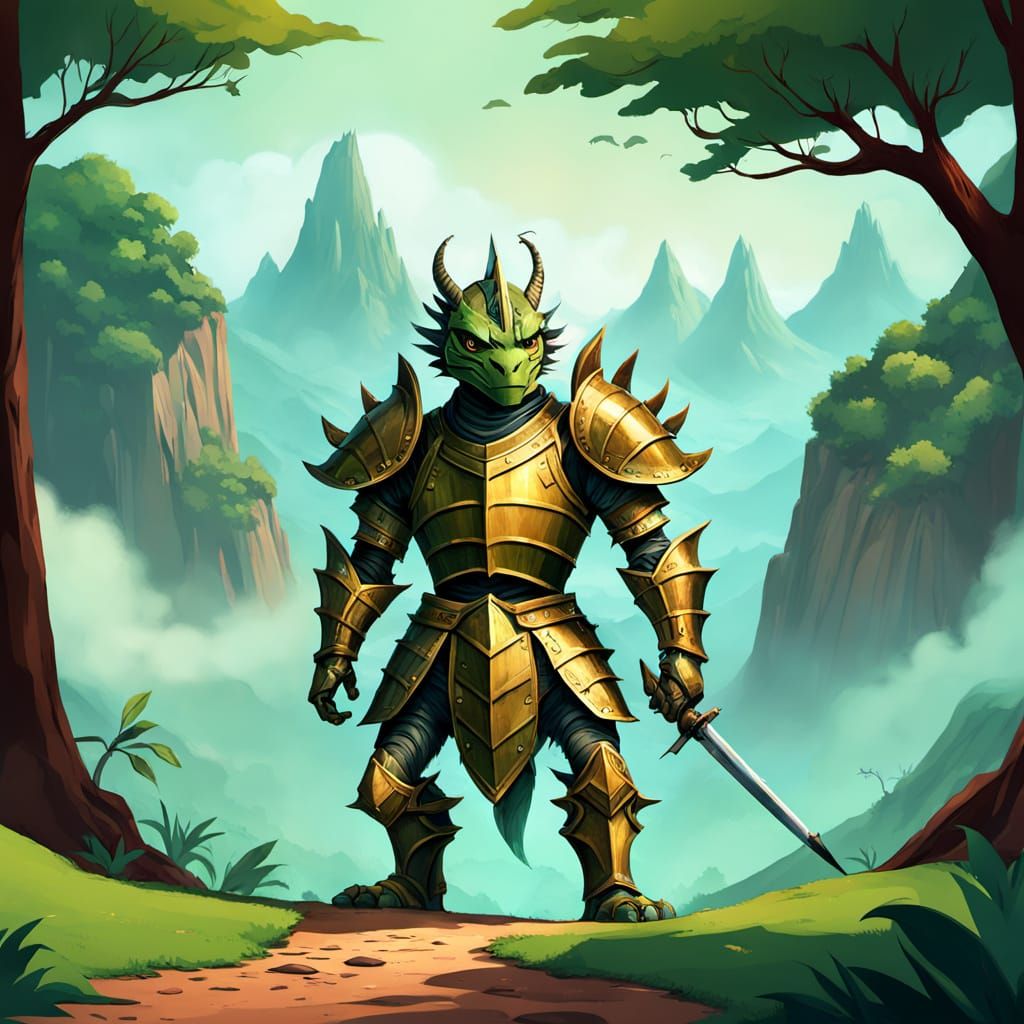 Knight Battles Dragon on Misty Mountain Peak