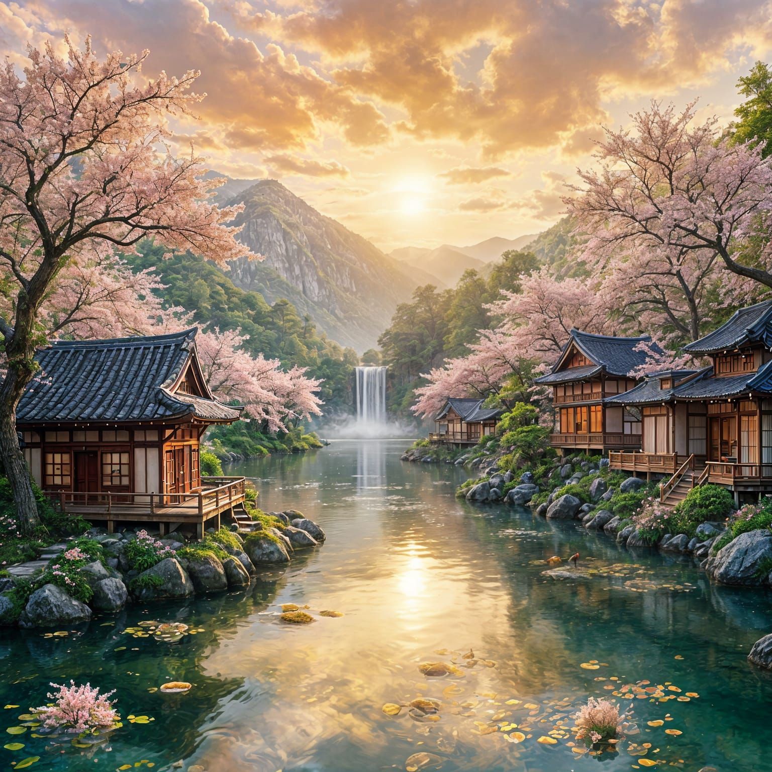 Japanese Village at Sunset in Studio Ghibli Style