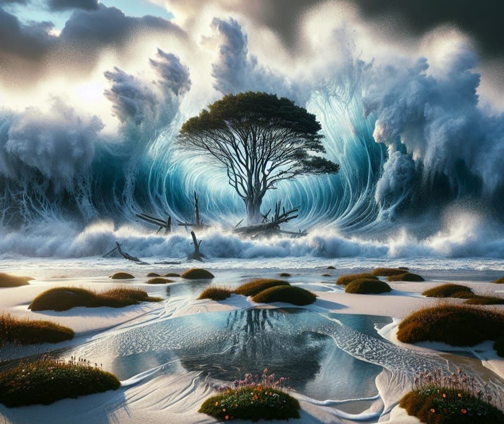 Epic Stormy Beach Scene with Large Tree and Wildflowers