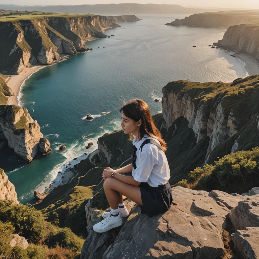 Schoolgirl Contemplates Sea View from Cliff Edge