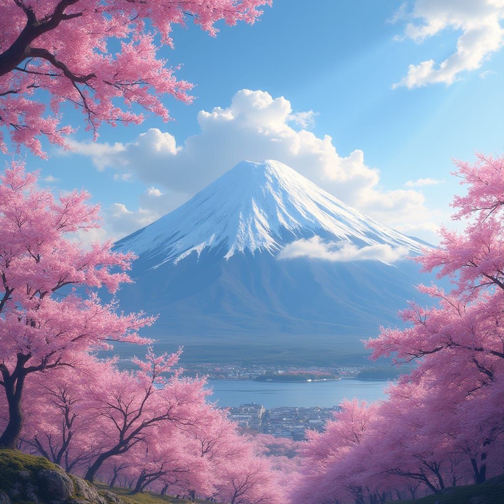 Mt Fuji Enveloped in Cherry Blossom Clouds, Painted in Dream...