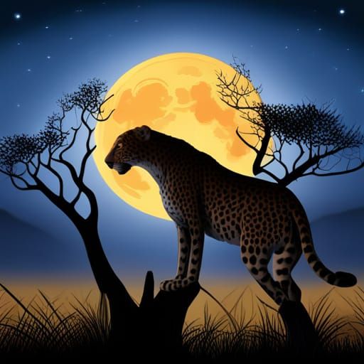 Leopard Silhouette on Savanna Under Moonlight