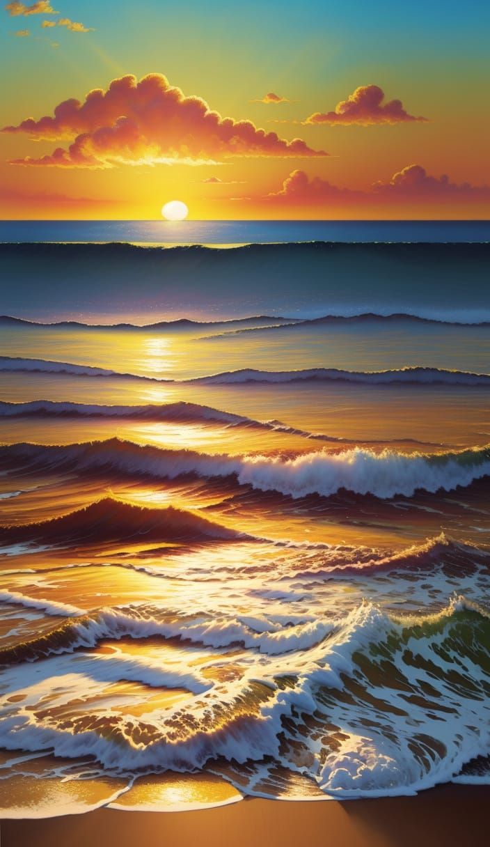 Vibrant Sunset Over Ocean as Oil Painting