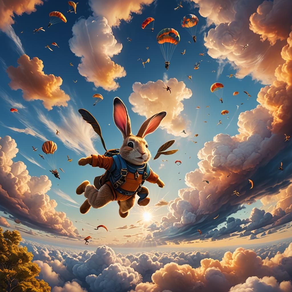 Rabbit Skydiving Through Whimsical Sky: Digital Matte Painti...