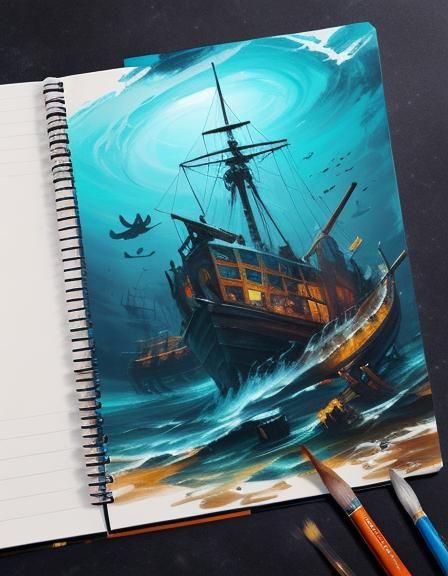 “Spiral Notebook”,  bright brushstrokes, underwater shipwrec...