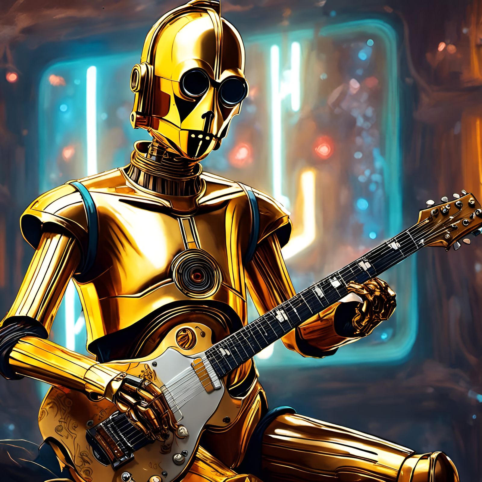 C-3PO Electric Guitar Portrait: Digital Illustration